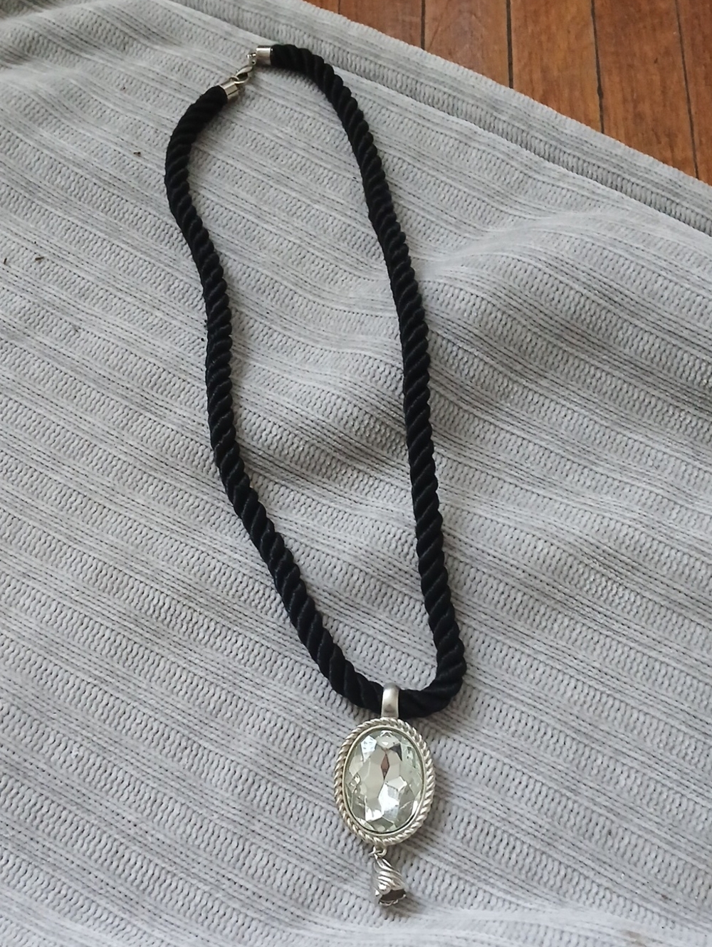 Black Rope Necklace with Clear Crystal Pendant